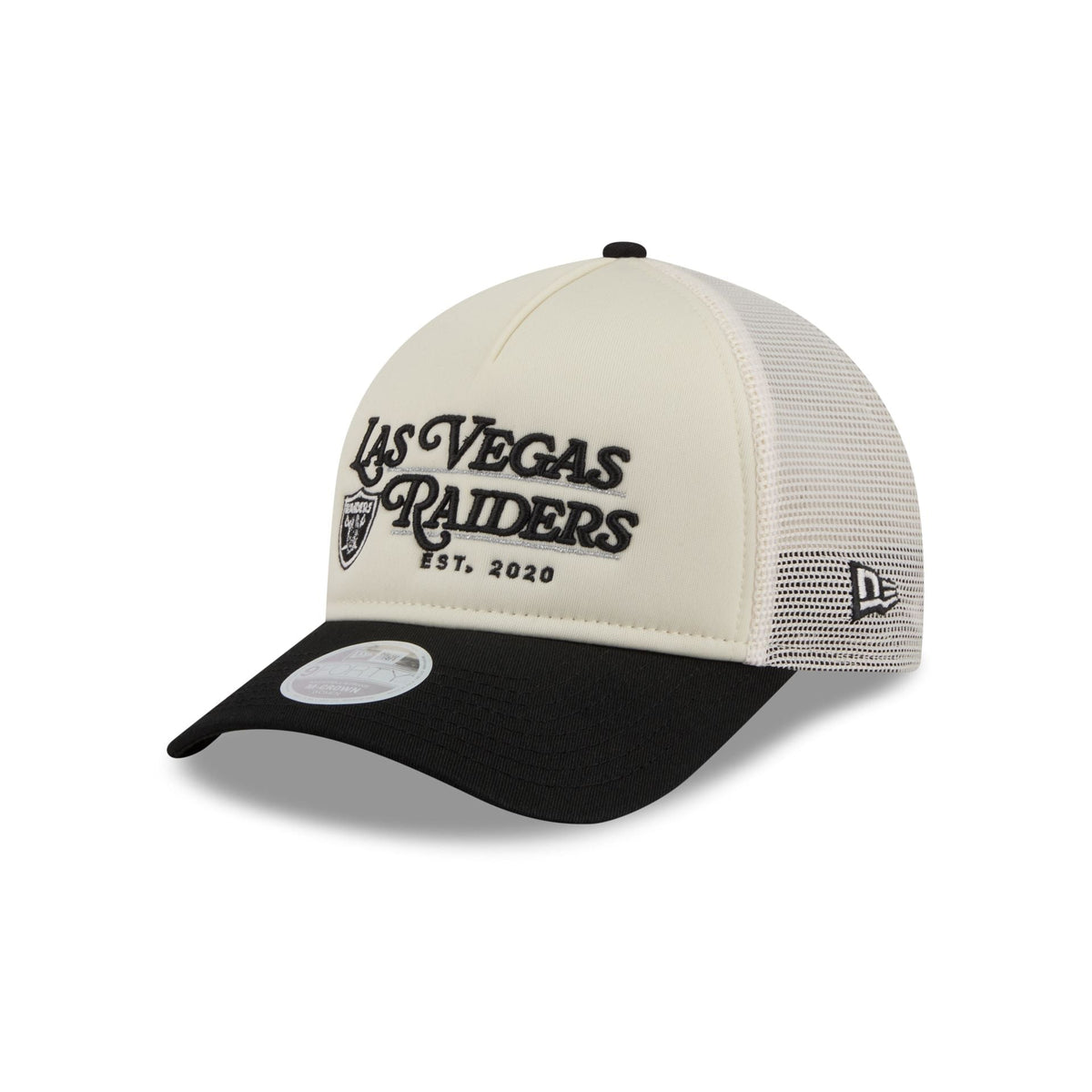 Las Vegas Raiders Retro Chrome Women's White 9FORTY M-Crown A-Frame Trucker Hat