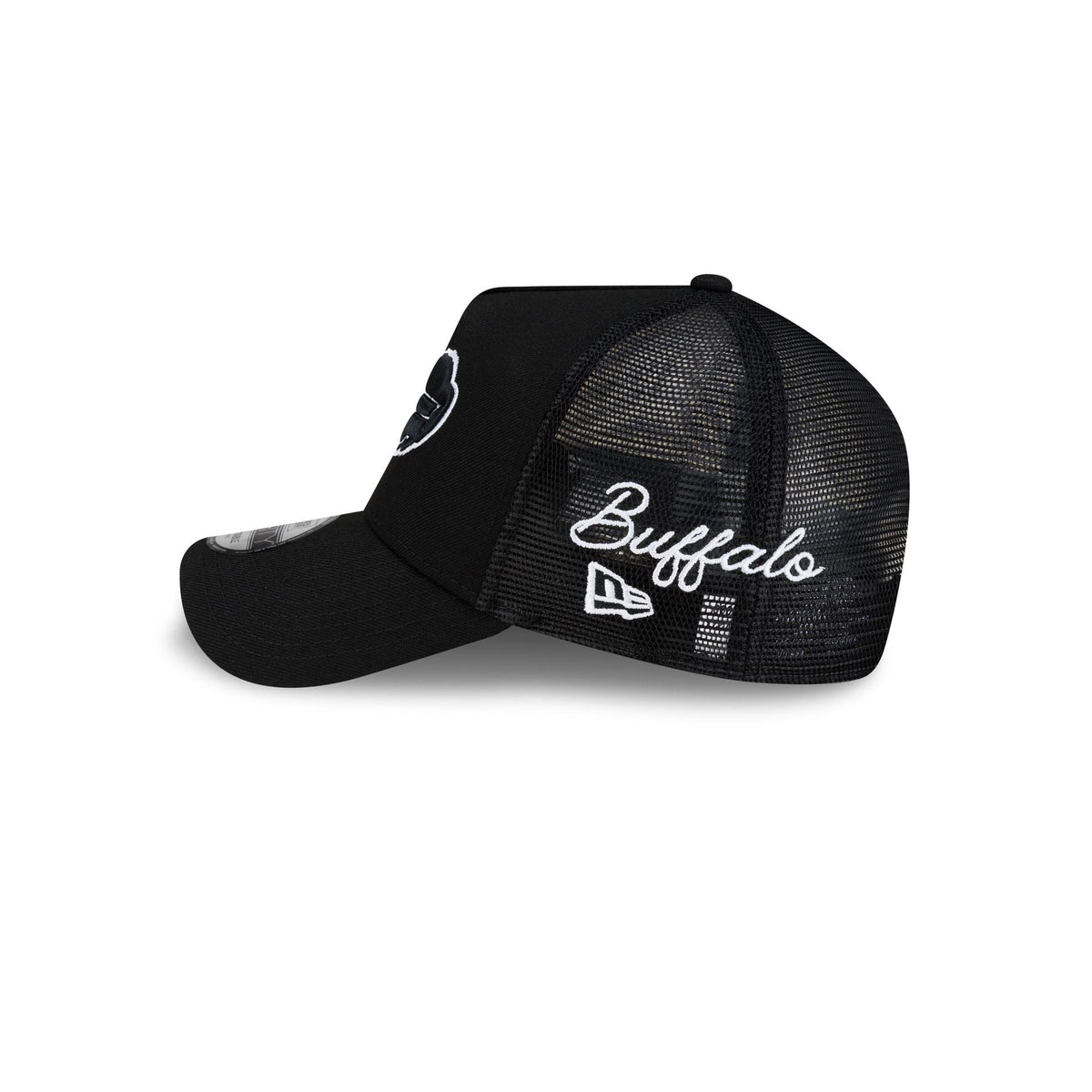 Buffalo Bills Side Script Black 9FORTY A-Frame Trucker Hat