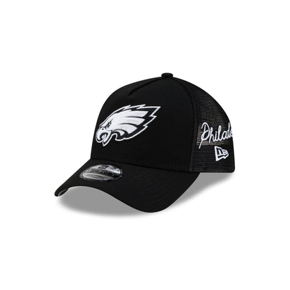 Philadelphia Eagles Side Script Black 9FORTY A-Frame Trucker Hat